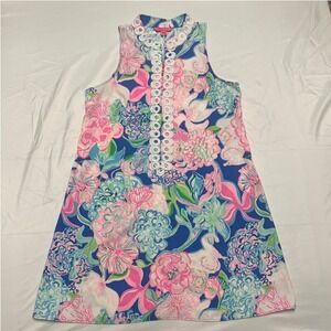 Lilly Pulitzer Sleeveless Floral Shift Dress Pink Blue Lace Trim Size 10